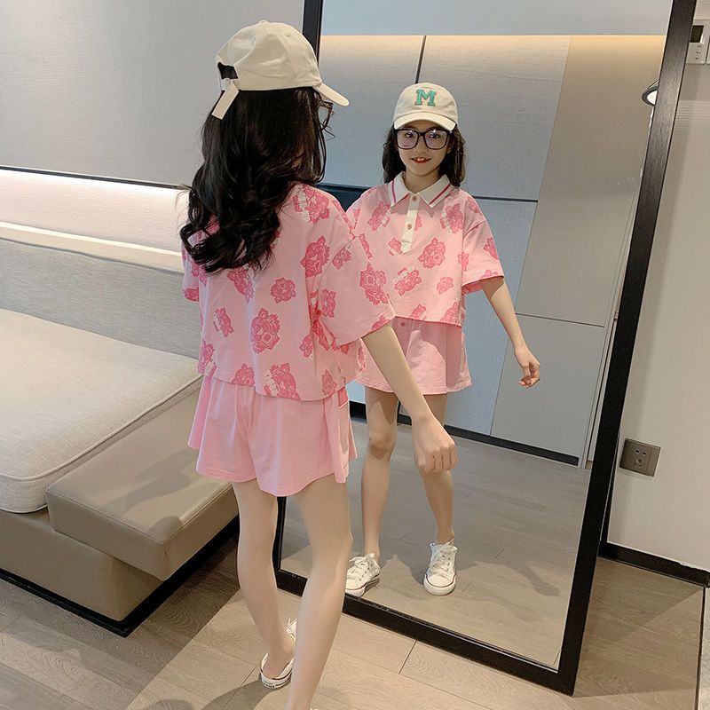Happy Bear Girls Summer Polo Shirt Suit 2022 New Korean Version Children's Leisure Sports Summer Two-piece Trendy