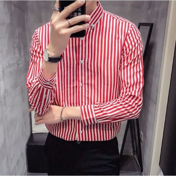 New men's short-sleeved shirt summer thin section Korean version of slim three-quarter-sleeve striped shirt male youth half-sleeved shirt