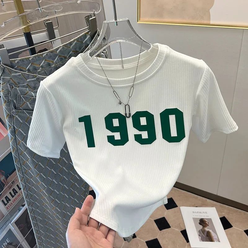字母1990印花白色短袖t恤女2023夏季新款設計感寬鬆短款上衣女夏