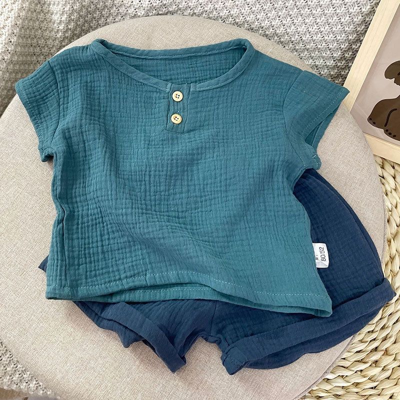 Baby summer small fresh short-sleeved suit pure cotton double-layer yarn summer two-piece set infant light and breathable children's clothing