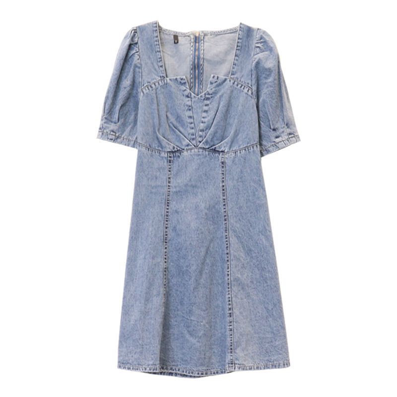 Denim skirt waist dress 2022 new summer women's dress can be salt sweet square collar design feeling small skirt