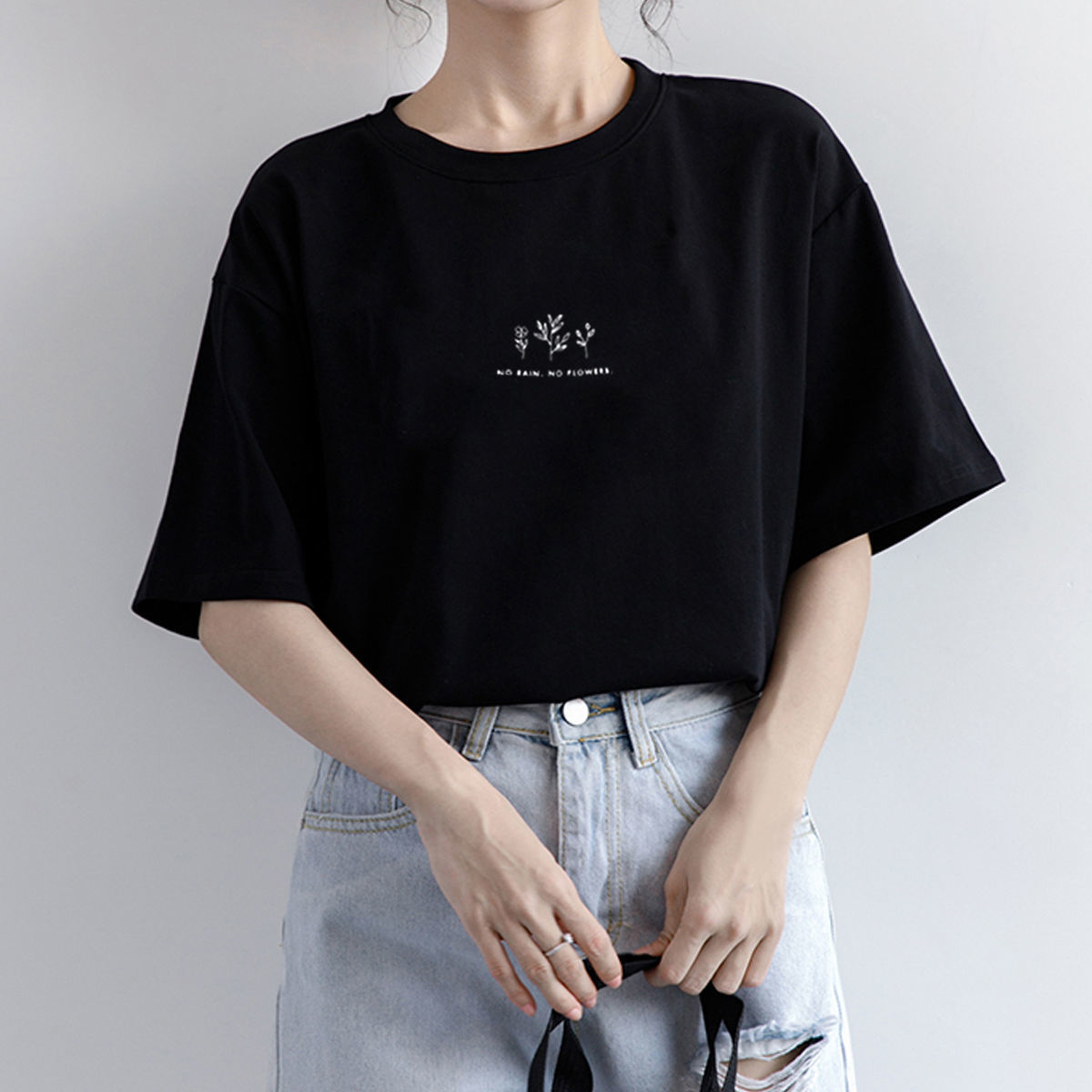 Korean round neck short sleeve T-shirt female summer loose plant print with cotton white ins super fire student half sleeve jacket