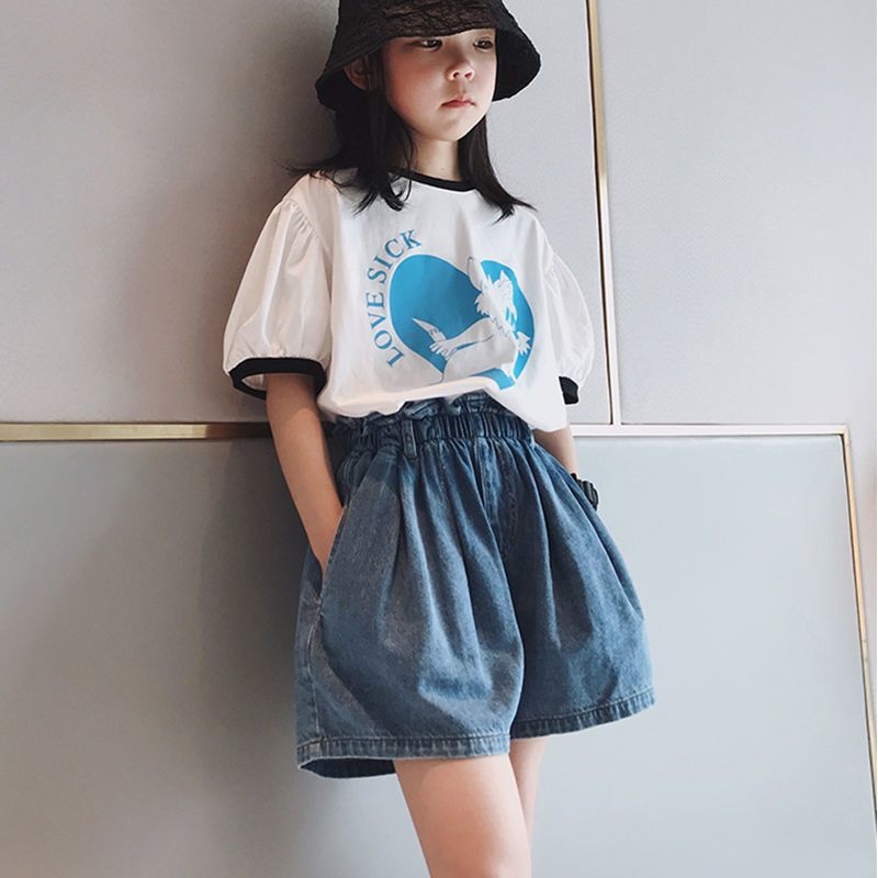 Girls' summer clothes 2023 new middle and big children's fashion foreign style casual loose short-sleeved denim shorts summer suit
