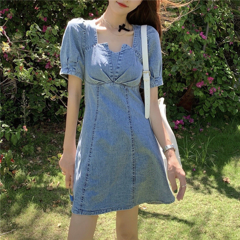 Denim skirt waist dress 2022 new summer women's dress can be salt sweet square collar design feeling small skirt