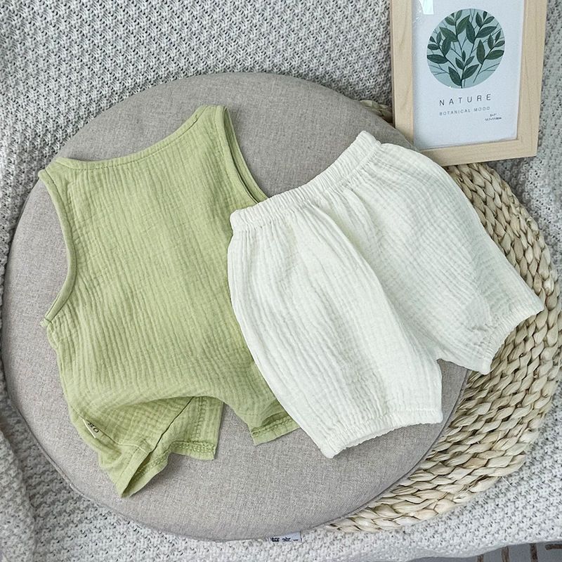 Baby summer small fresh short-sleeved suit pure cotton double-layer yarn summer two-piece set infant light and breathable children's clothing
