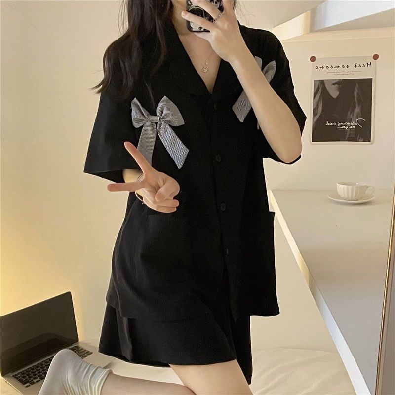 New style pajamas women summer short sleeve bow summer loose sweet ins thin Ruffle home suit