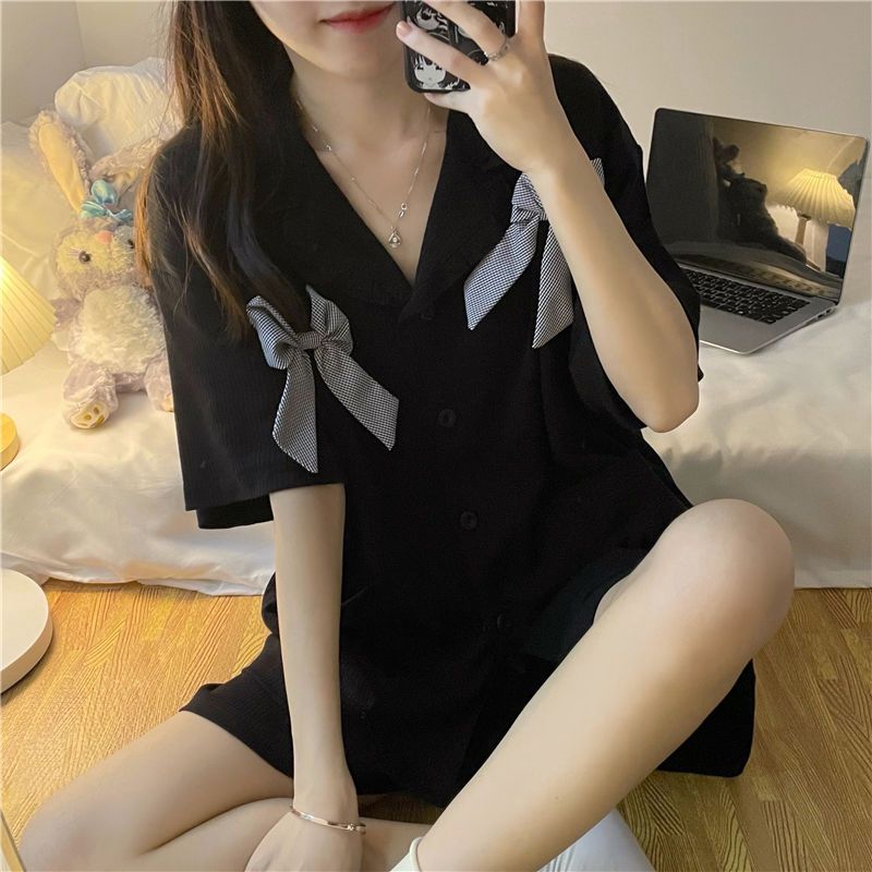 New style pajamas women summer short sleeve bow summer loose sweet ins thin Ruffle home suit