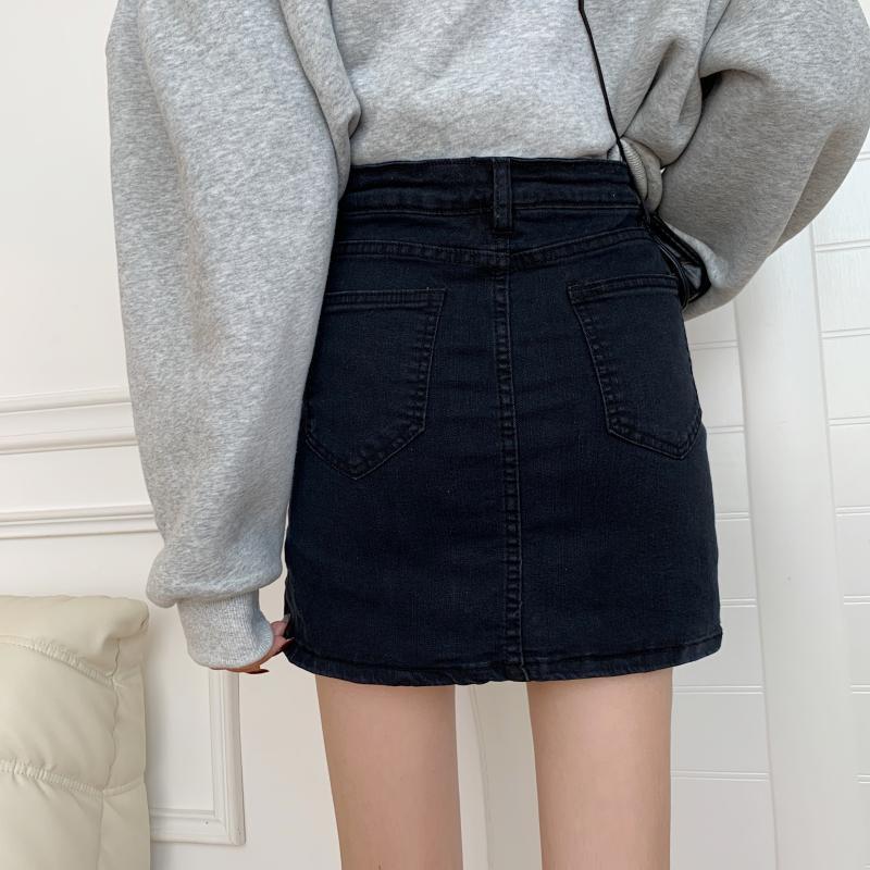 Black slit denim skirt female spring and summer large size fat sister mm high waist bag hip a-line short skirt hakama skirt