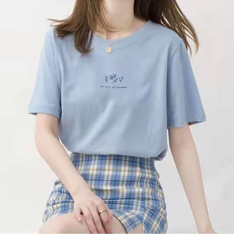 Korean version of the round neck short-sleeved t-shirt women's summer loose plant print with cotton white ins super fire student half-sleeved top