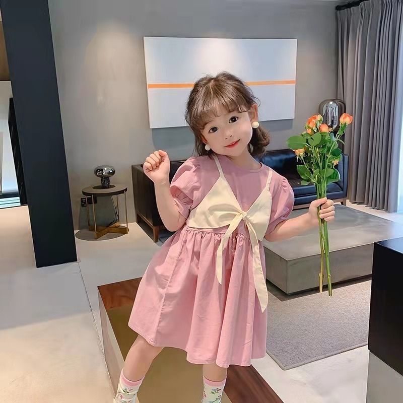 韓版女童連衣裙夏裝新款時尚假兩件公主裙寶寶復古洋氣短袖裙子