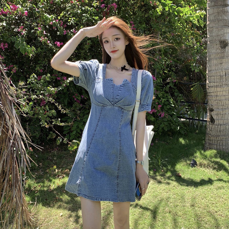 Denim skirt waist dress 2022 new summer women's dress can be salt sweet square collar design feeling small skirt