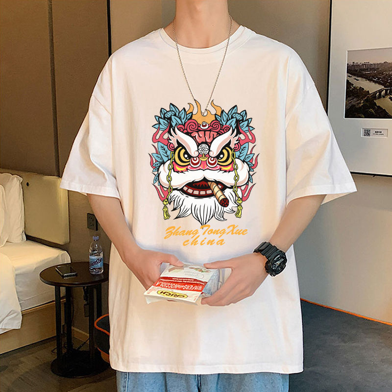 2022夏季新款國潮醒獅中國風短袖T恤男純棉寬鬆圓領男士潮牌半袖