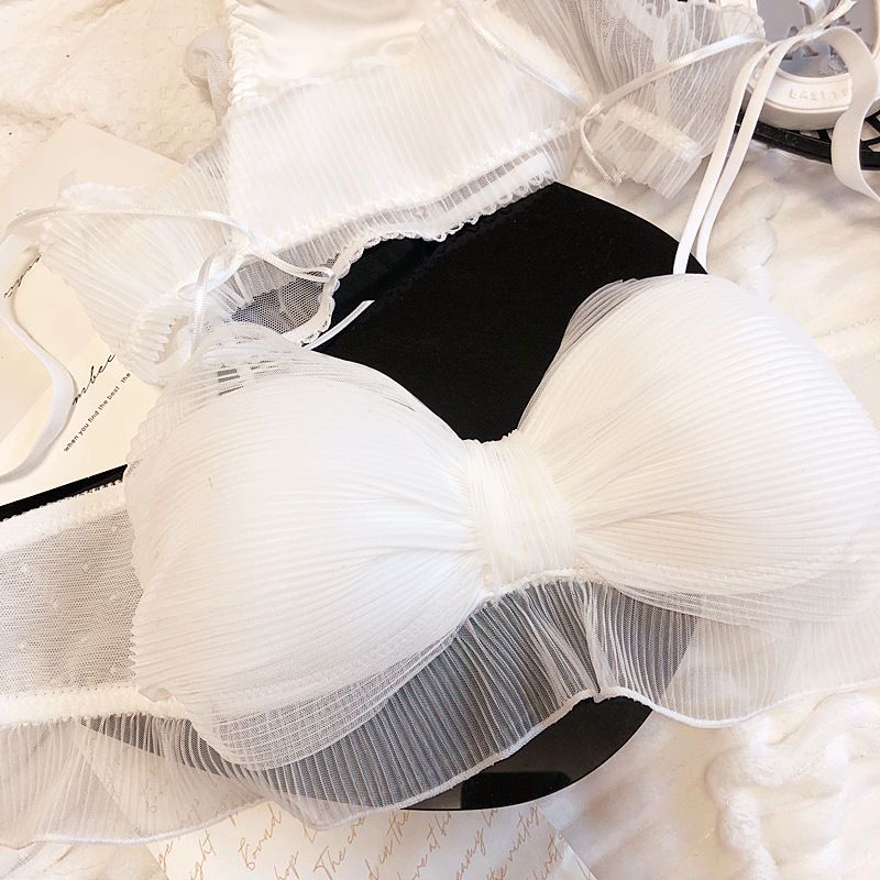 Japanese organ pleated bow comfortable no steel ring upper thin lower thick cup gathered bra small chest underwear set women