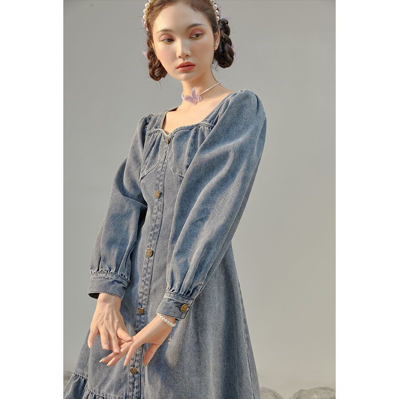  chic niche denim dress retro square collar vintage vintage skirt sweet short-sleeved princess skirt