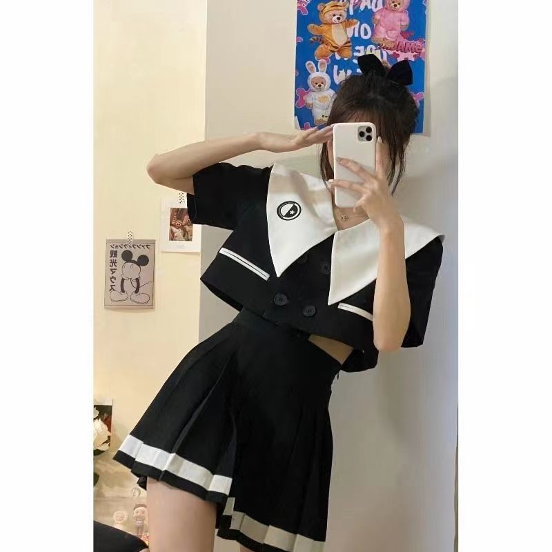 Summer Korean college style short slim shirt top + high waist slim pleated skirt salt suit female