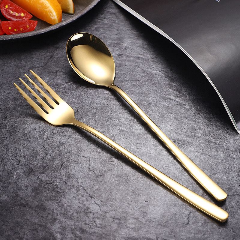 食品级304不锈钢叉勺套装韩式镀钛金长柄餐叉餐勺调羹甜品咖啡勺
