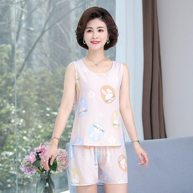 Cotton silk pajamas women's summer home clothes suit for middle-aged and elderly mothers wearing artificial cotton sleeveless shorts two-piece outerwear