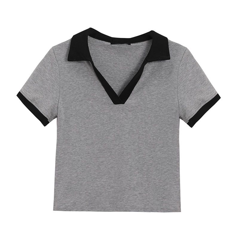 纯欲风辣妹polo领上衣女性感夏短袖新款修身显瘦短款小众灰色T恤