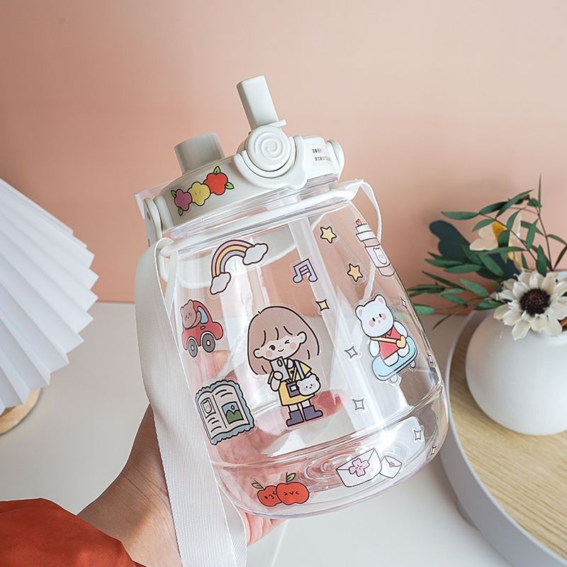 Water cup female plastic sports portable water bottle straw cute student children high-value big belly cup large capacity cup