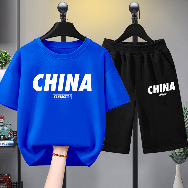 Children's short-sleeved suit  new medium and large boys' suit summer sports loose thin section t-shirt short-sleeved boy