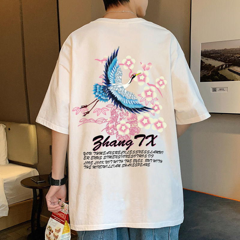 國潮仙鶴櫻花粉色印花短袖T恤2022新款情侶裝夏裝寬鬆潮流半袖男