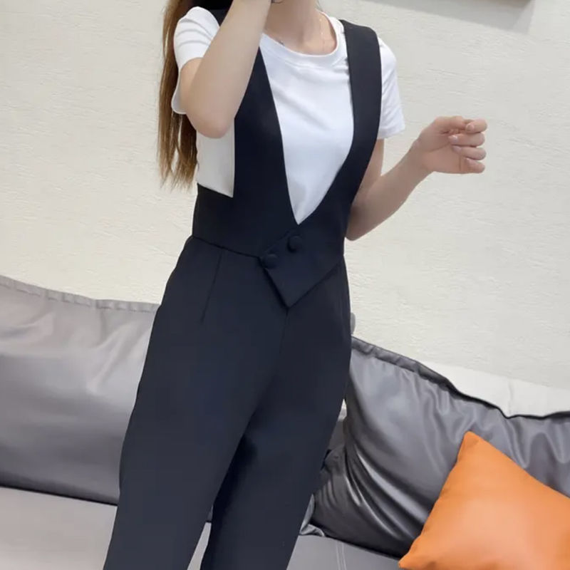 西裝背帶褲套裝女夏季短袖2023年小個子顯高網紅連體背帶褲兩件套