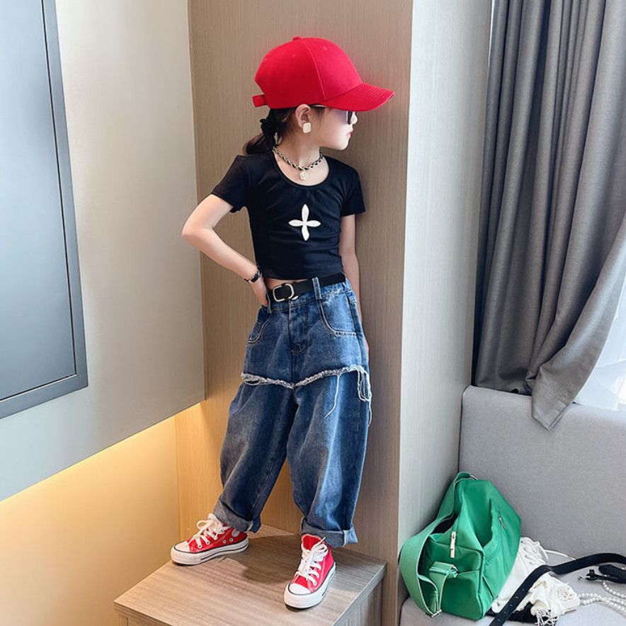 女童夏裝套裝2022新款韓版夏季大童洋氣網紅兒童短袖牛仔褲兩件套