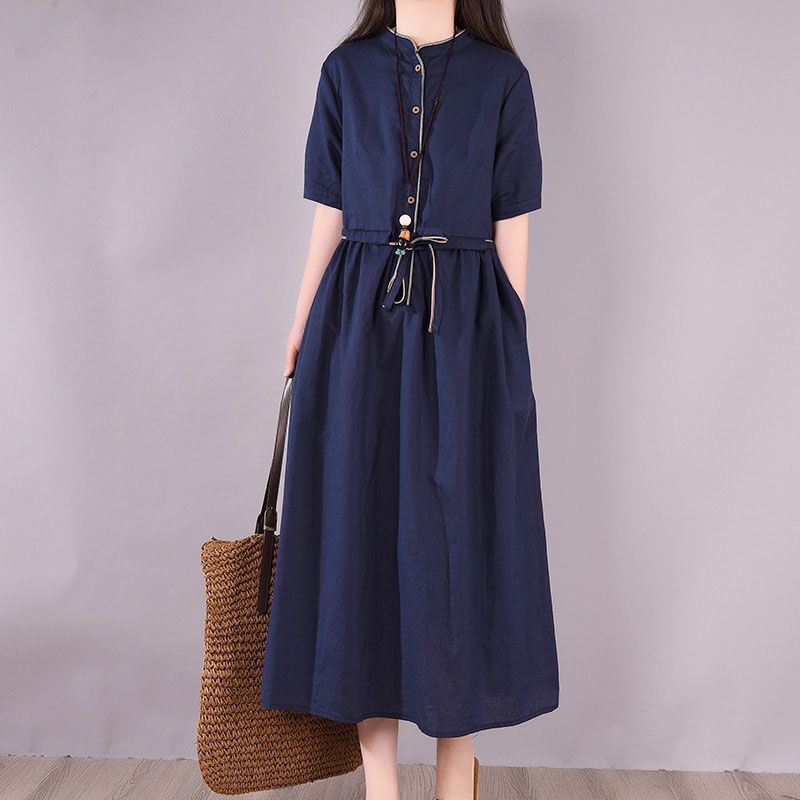 棉麻連衣裙夏季女2022新款短袖大碼寬鬆收腰顯瘦裙子洋氣a字裙