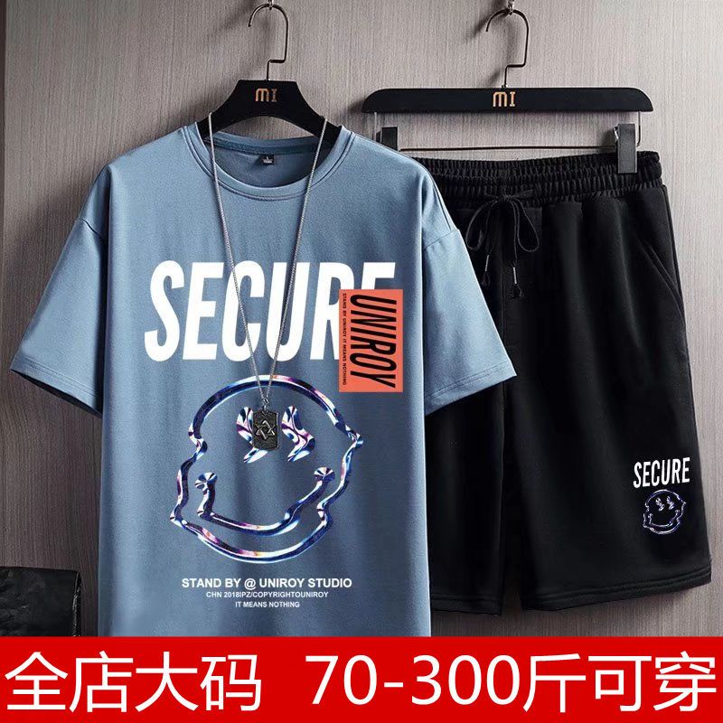 300 catties summer casual loose suit fat man trend plus fat plus size sports short-sleeved shorts two-piece set