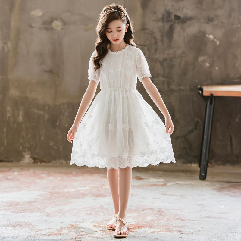 女童连衣裙夏装新款中大童白色裙子短袖女孩蕾丝公主裙超洋气