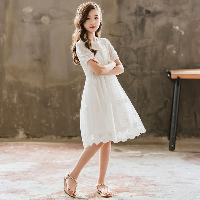 女童连衣裙夏装新款中大童白色裙子短袖女孩蕾丝公主裙超洋气
