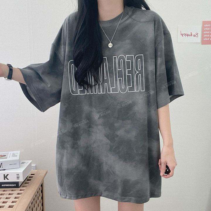 100% tie-dye short-sleeved t-shirt for women 2022 new large size summer Korean style loose design niche medium and long style