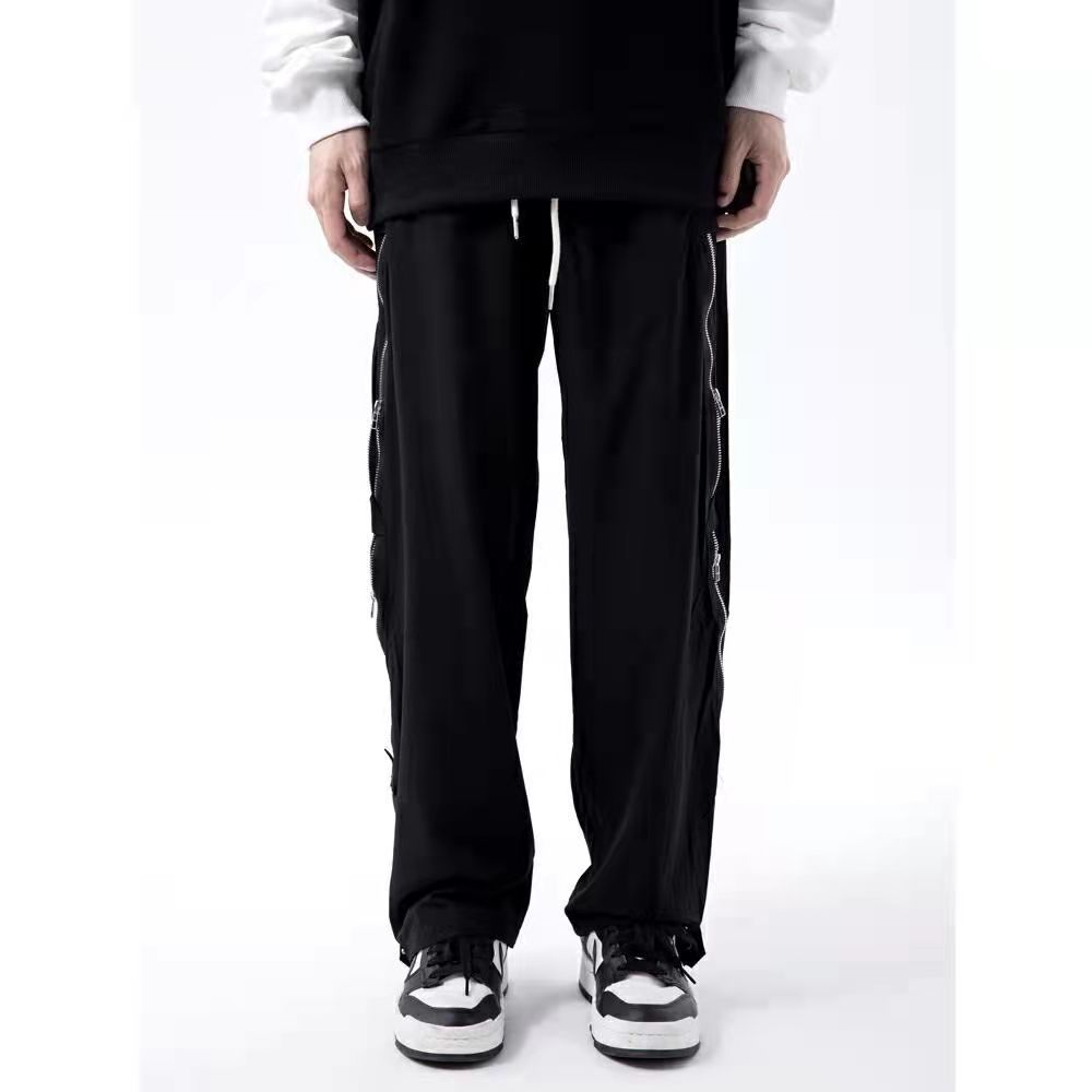 2022 summer new high street zipper trousers boys Hong Kong style trendy loose wide-leg pants American niche pants