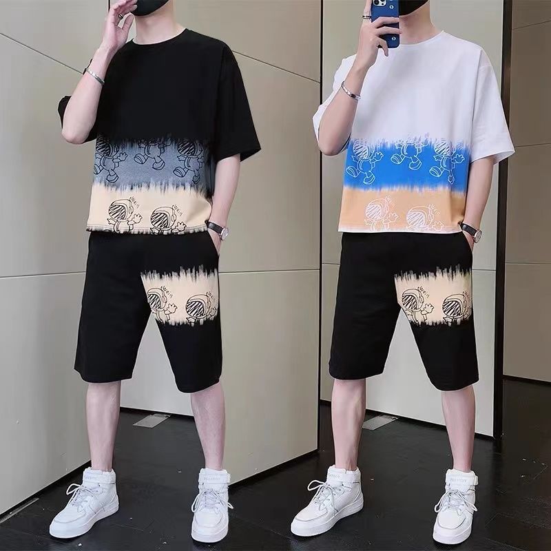 Leisure sports suit men's summer  new trend Korean loose short sleeve cropped pants handsome two-piece set
