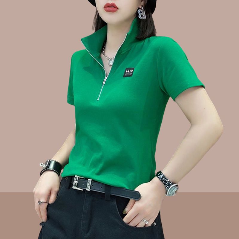 [Cotton] Large size short-sleeved t-shirt women 2023 summer new lapel POLO shirt foreign style all-match fashion top women
