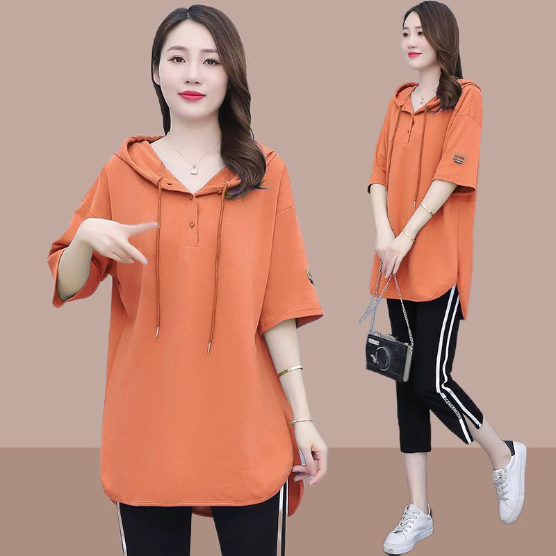 Short-sleeved t-shirt women's 2023 summer new Korean version loose large size foreign style all-match casual hooded top ins tide