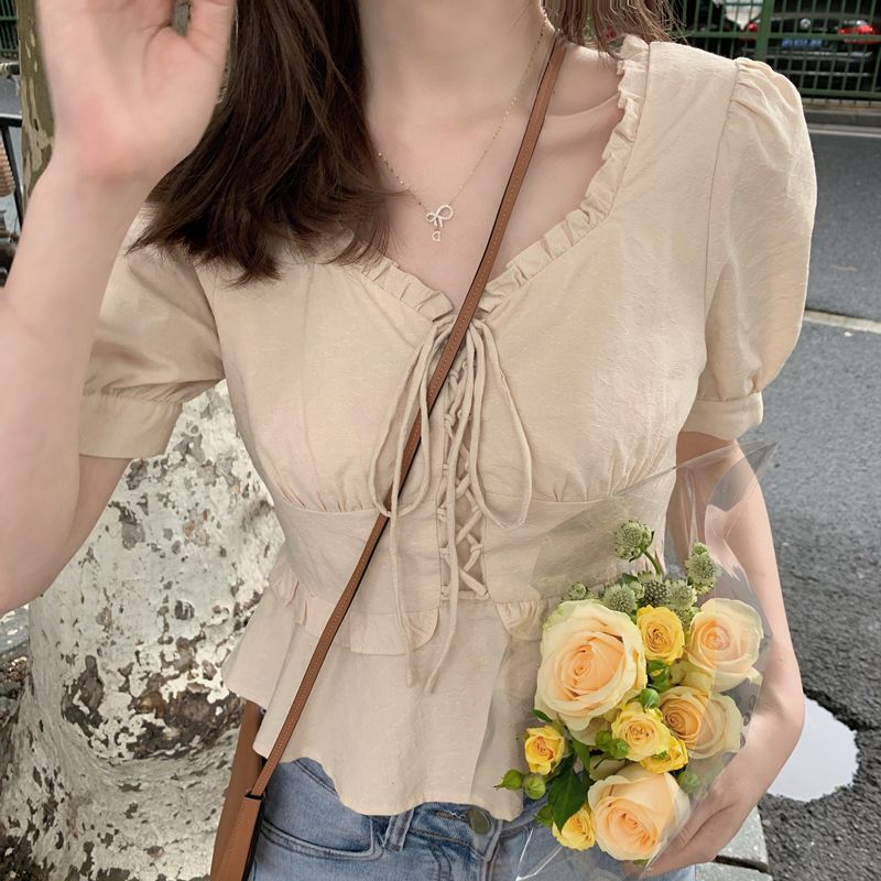 設計感復古法式小眾收腰v領系帶泡泡短袖襯衫女夏短上衣甜美小衫