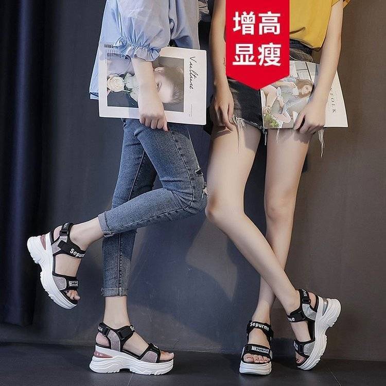 Slope heel sports sandals women's shoes 22 years new summer muffin inner increase high heel fashion thick bottom student beach shoes