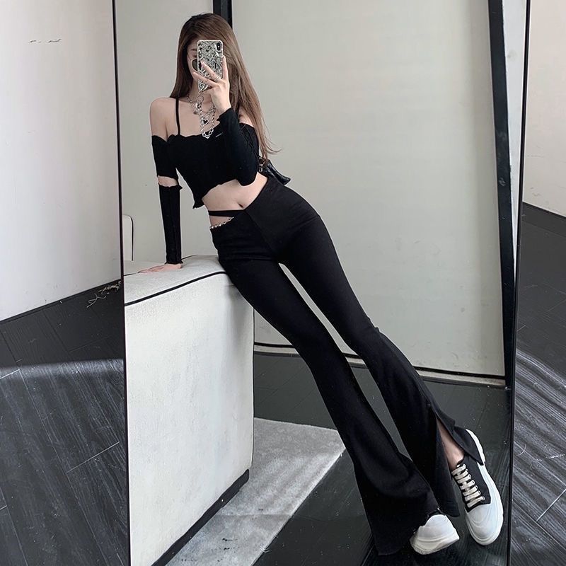  new design sense chain hollow black high waist casual mopping micro boot pants slit hot girl slim wide legs