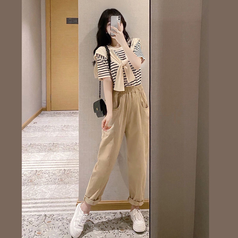 Summer Korean tea Department wear a complete set of cool and cute small loose striped top wide leg pants two piece set