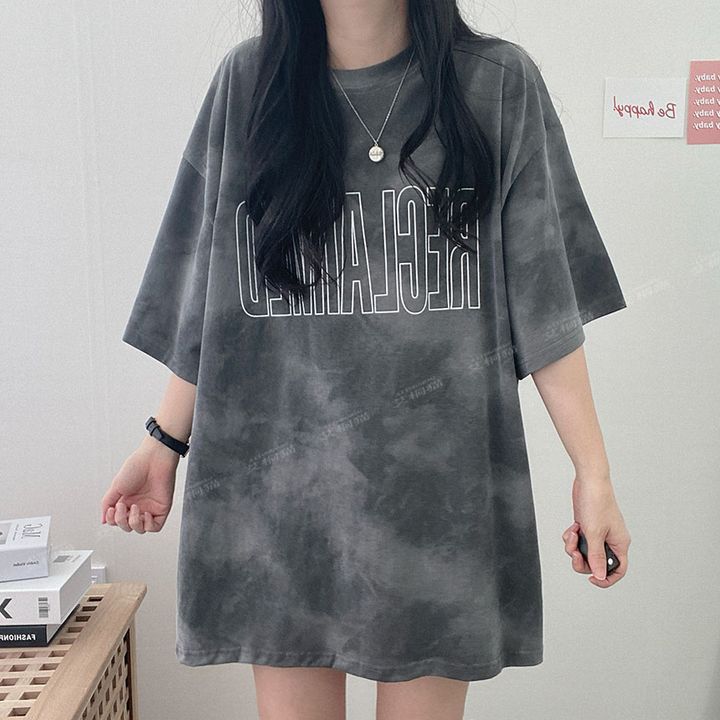 100% tie-dye short-sleeved t-shirt for women 2022 new large size summer Korean style loose design niche medium and long style