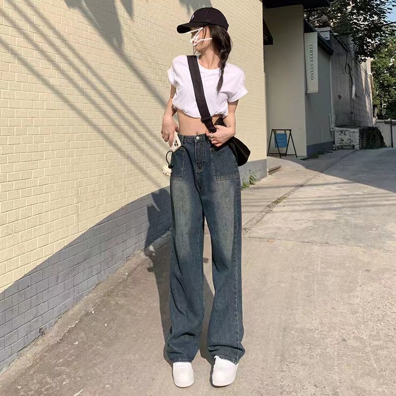 American retro high-waisted jeans women's loose straight  spring new mopping wide-leg pants high street ins tide