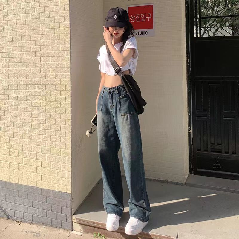 American retro high-waisted jeans women's loose straight  spring new mopping wide-leg pants high street ins tide