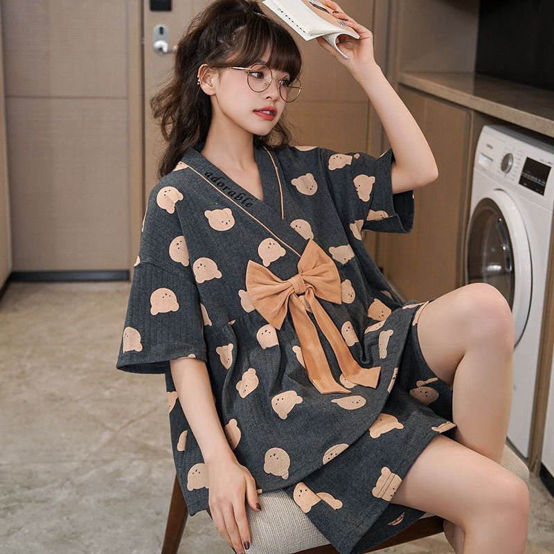 Cartoon pajamas women's summer short-sleeved thin kimono suit summer students cute net red home clothes can be worn outside