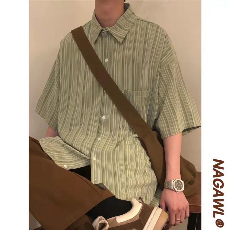 Summer Japanese striped avocado green ice silk short-sleeved shirt men's loose casual all-match shirt high-end coat