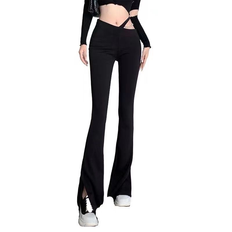  new design sense chain hollow black high waist casual mopping micro boot pants slit hot girl slim wide legs