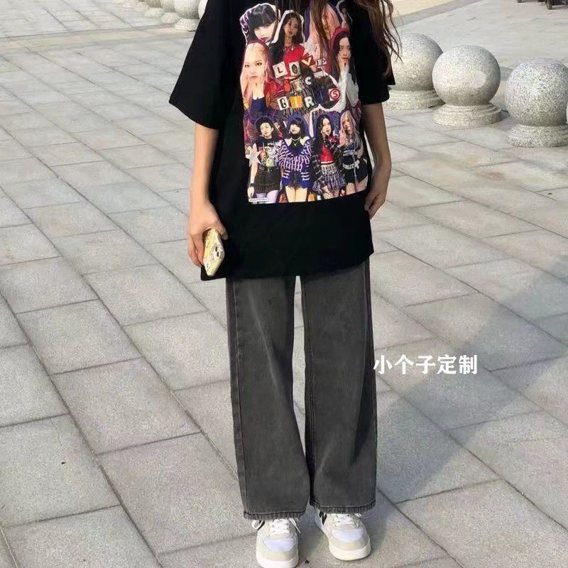灰黑色牛仔褲女春夏新季小個子寬鬆直筒高腰顯瘦直筒闊腿長褲子潮