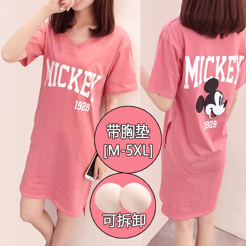 100@Cotton nightdress women with chest pad summer loose and cute student short-sleeved pajamas ladies thin section can be worn outside in summer