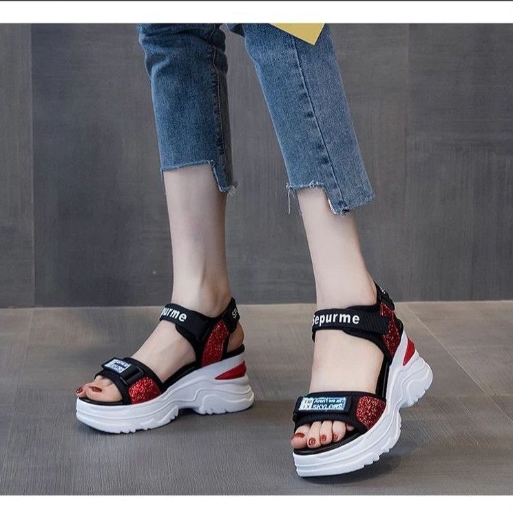 Slope heel sports sandals women's shoes 22 years new summer muffin inner increase high heel fashion thick bottom student beach shoes