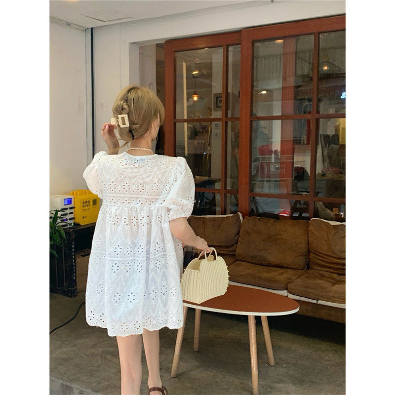 法式白色设计感镂空蕾丝上衣女装夏季百搭宽松短袖衬衫泡泡袖衬衣